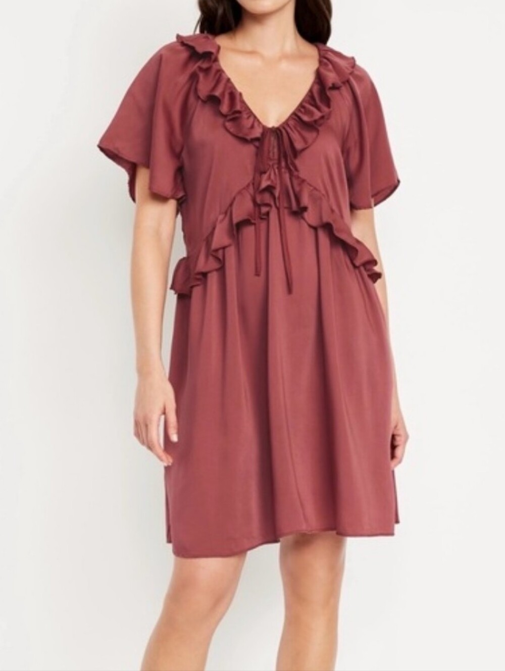 NWT Old Navy Ruffle Trim Mini Dress Flutter Sleeve Umber Earth Tie Neckline SM